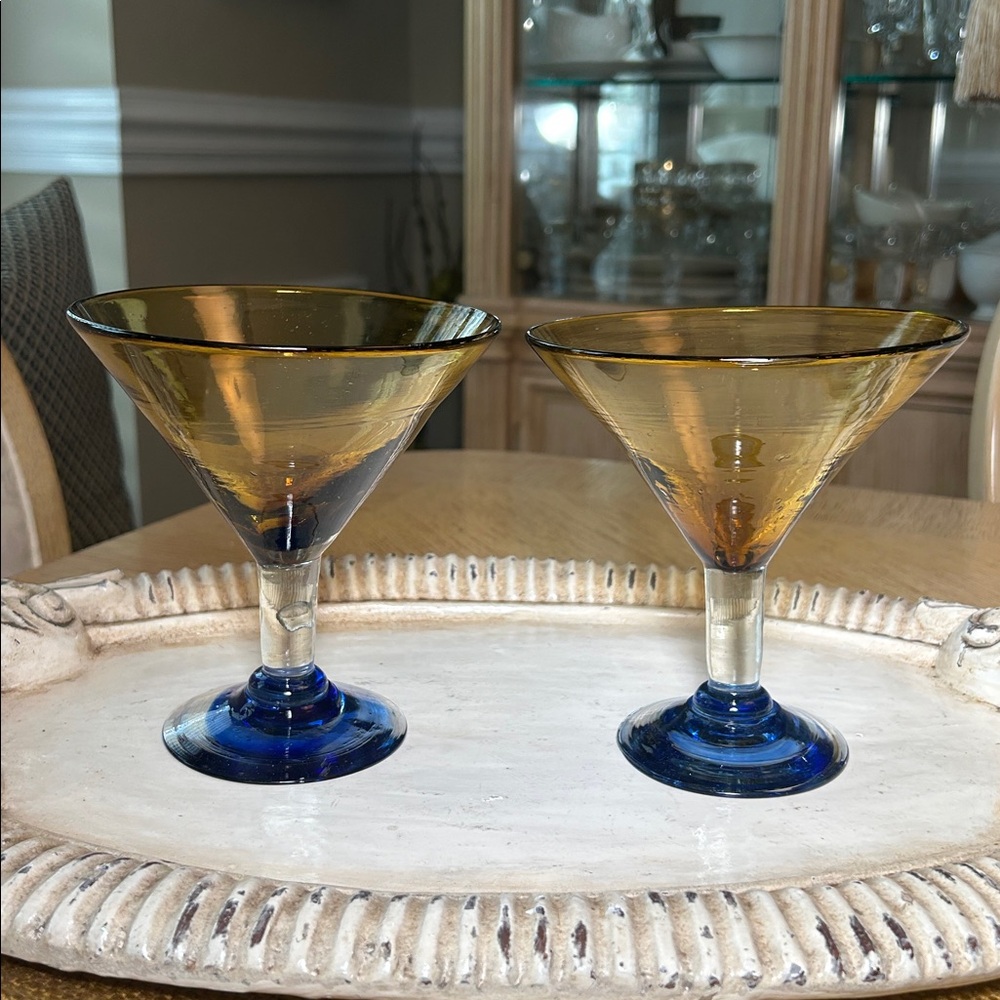 Amber & Blue Hand Blown Martini Glass (2)